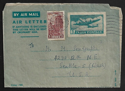 AOP India 6a aerogramme uprated 1949 Archaeological 4a to USA