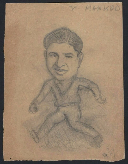Cricket India 1946 England tour Vinoo Mankad pencil sketch by cartoonist R Booch
