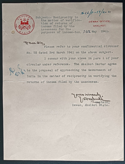 India 1941 crested letter AKALKOT STATE signed by the Diwan