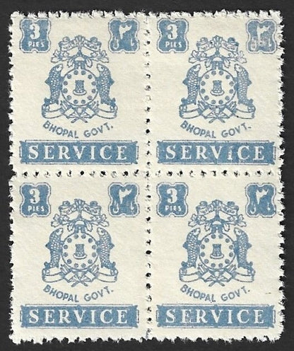 India Bhopal State 1944-49 3p MNH block of 4 SG O350 £4