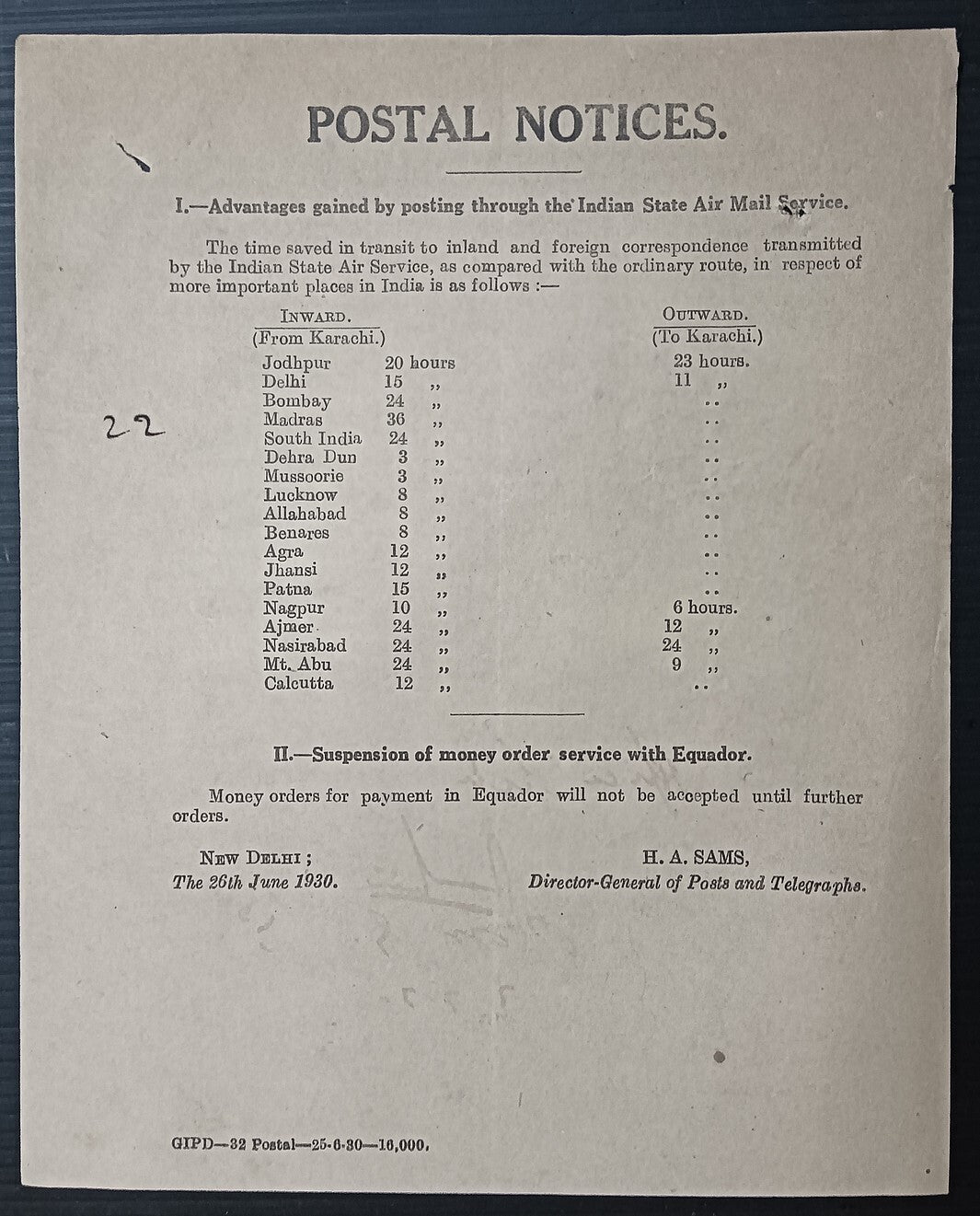 India POSTAL NOTICE 26th June 1930 Indian State Air Mail Service