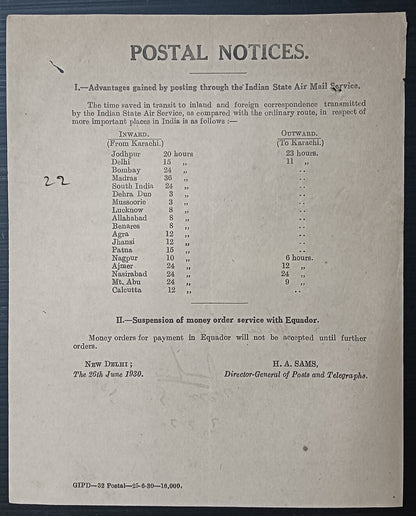 India POSTAL NOTICE 26th June 1930 Indian State Air Mail Service