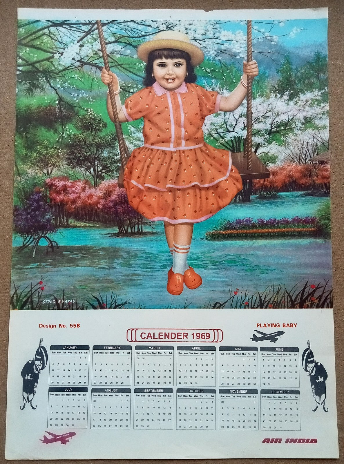 AIR INDIA 1969 poster calender 558 - PLAYING BABY - STUDIO : S. V. VARAS - R