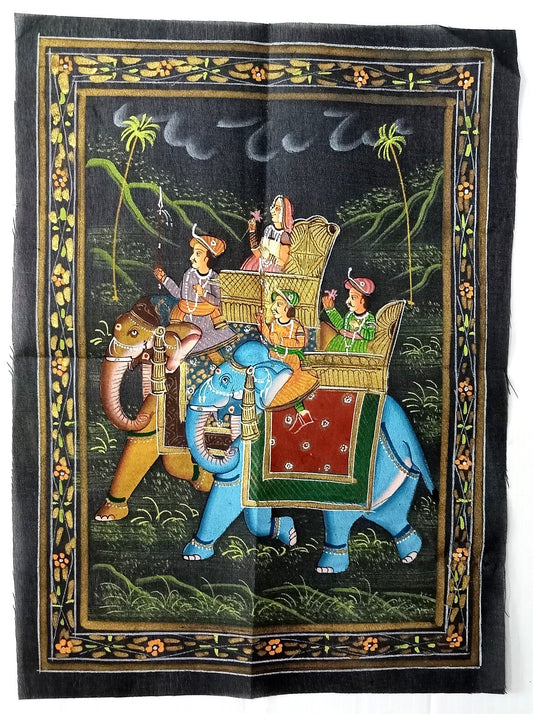 India Mughals on Elephant hand painted on black cloth 22 x32 cm