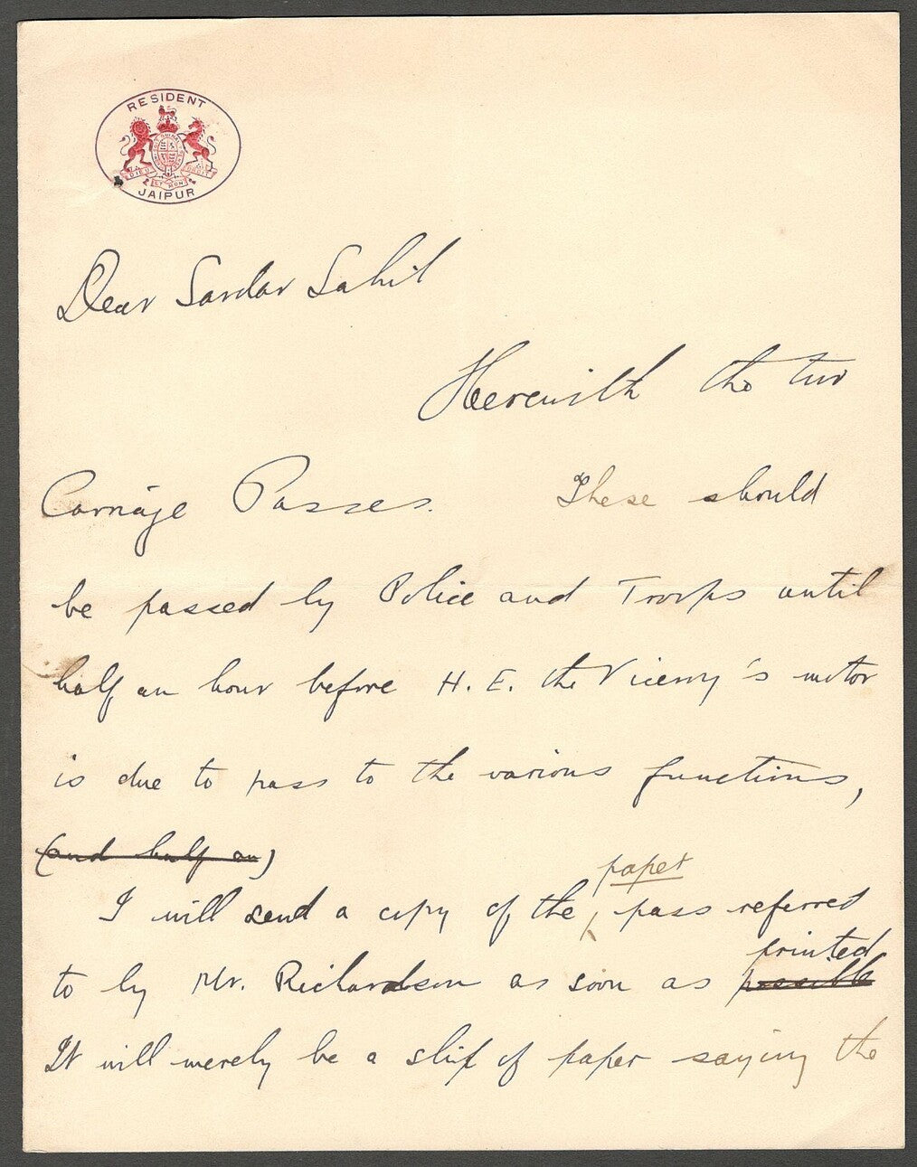 AOP India Jaipur State crested signed letter 1916 RESIDENT JAIPUR
