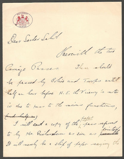 AOP India Jaipur State crested signed letter 1916 RESIDENT JAIPUR