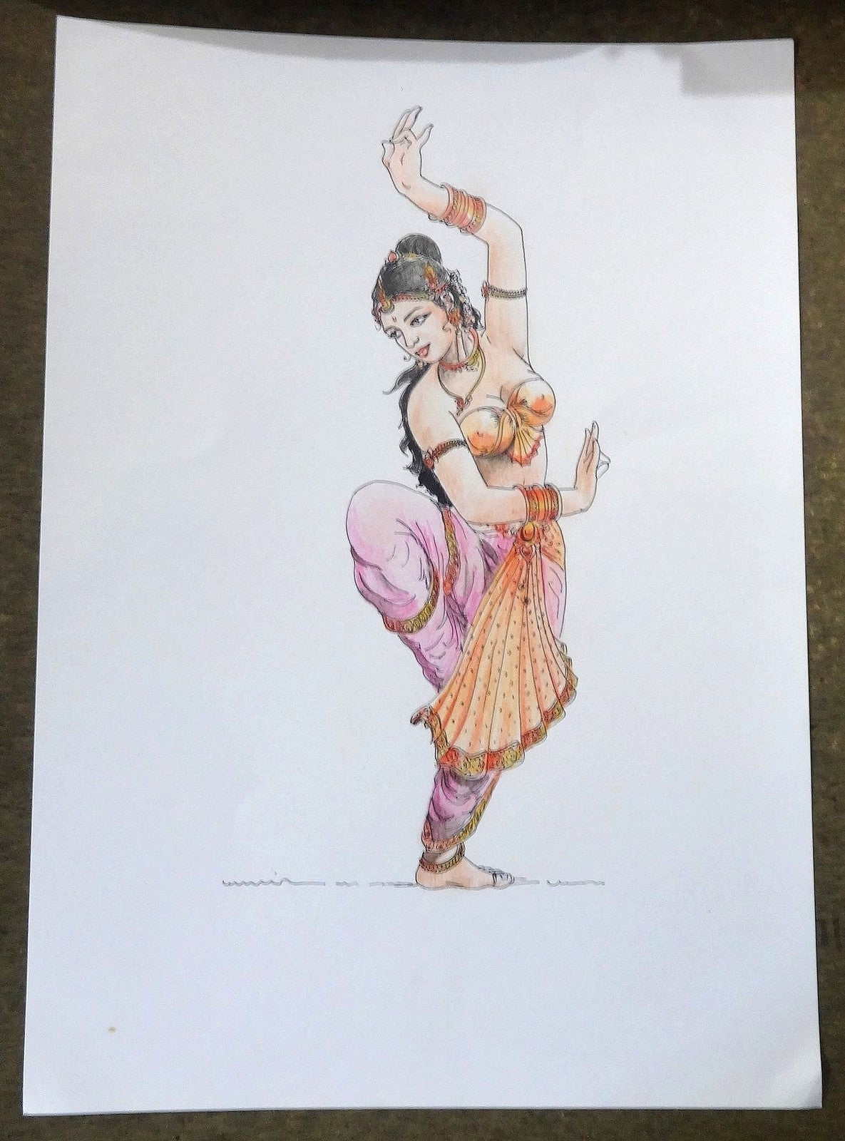 Indian dancing beauty watercolors crayons & ink on card 12''x 17''