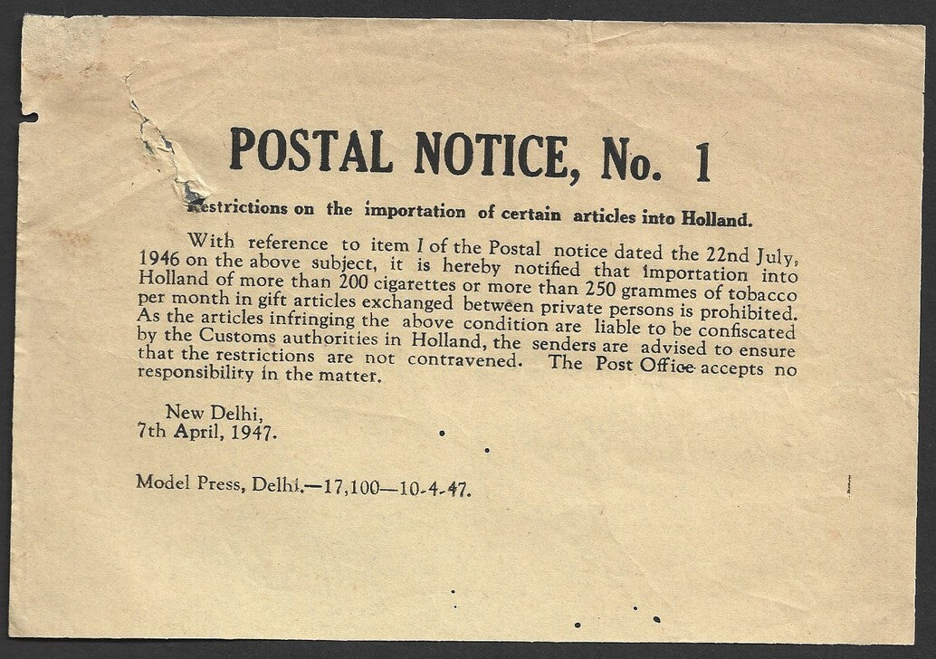 India POSTAL NOTICE 1 7 Apr 1947 Importation Restrictions on Holland