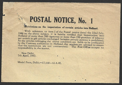 India POSTAL NOTICE 1 7 Apr 1947 Importation Restrictions on Holland