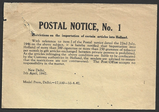 India POSTAL NOTICE 1 7 Apr 1947 Importation Restrictions on Holland