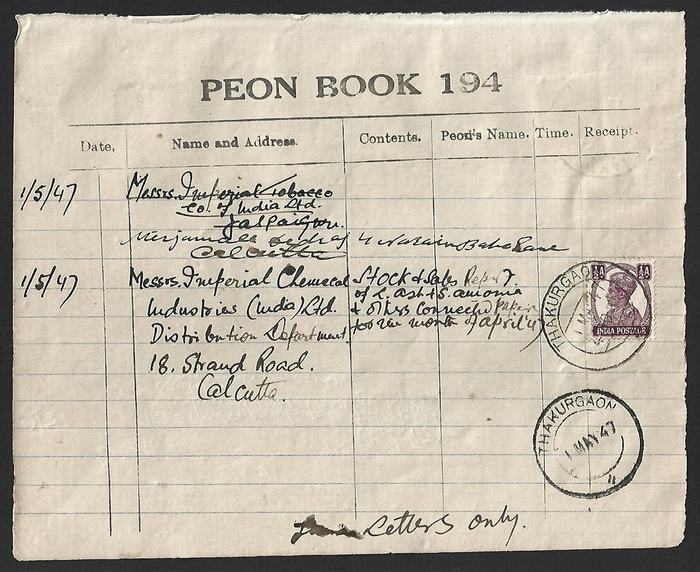 India KGVI 1/2a on PEON LIST canc THAKURGAON (Dinajpur) 1 MAY 47