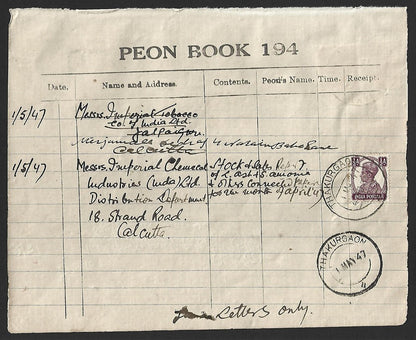 India KGVI 1/2a on PEON LIST canc THAKURGAON (Dinajpur) 1 MAY 47