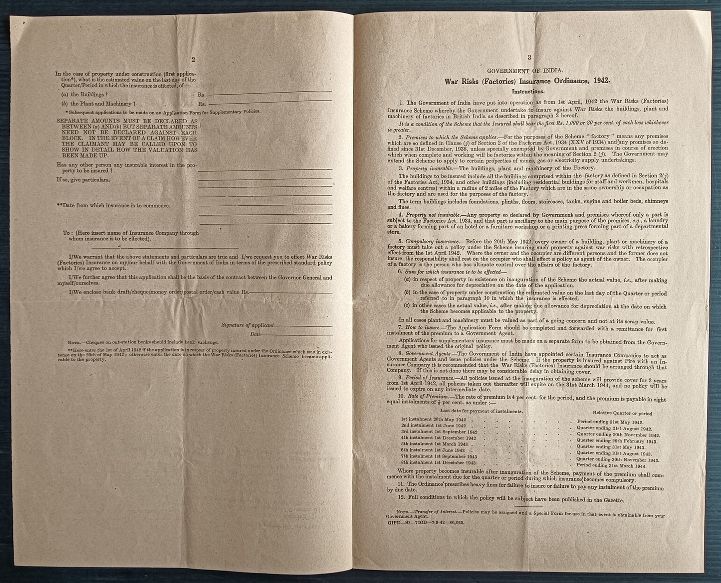 India WW2 1940-42 WAR RISKS (GOODS) INSURANCE ORDINANCE documents