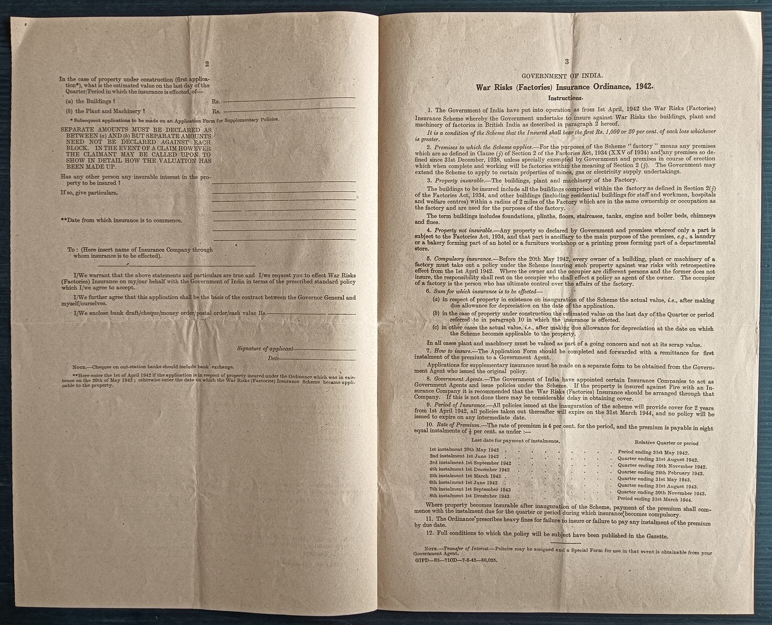 India WW2 1940-42 WAR RISKS (GOODS) INSURANCE ORDINANCE documents