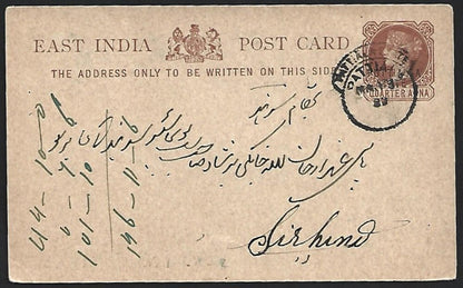 (AOP) India PATIALA STATE QV 1/4a postal  card used 1883. HG #4