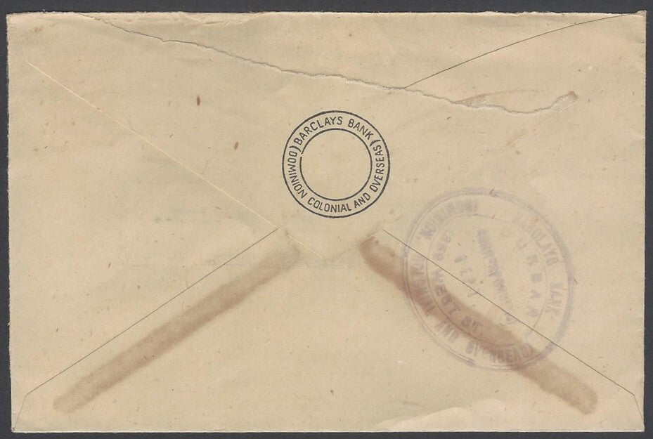 AOP South Africa 1943 bantam 2d single franking cover Durban to India