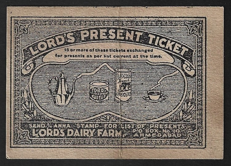India vintage Lord's Dairy Farms - Lords Present Ticket