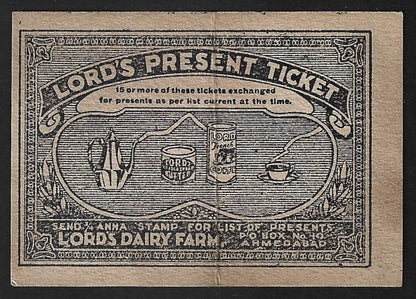 India vintage Lord's Dairy Farms - Lords Present Ticket