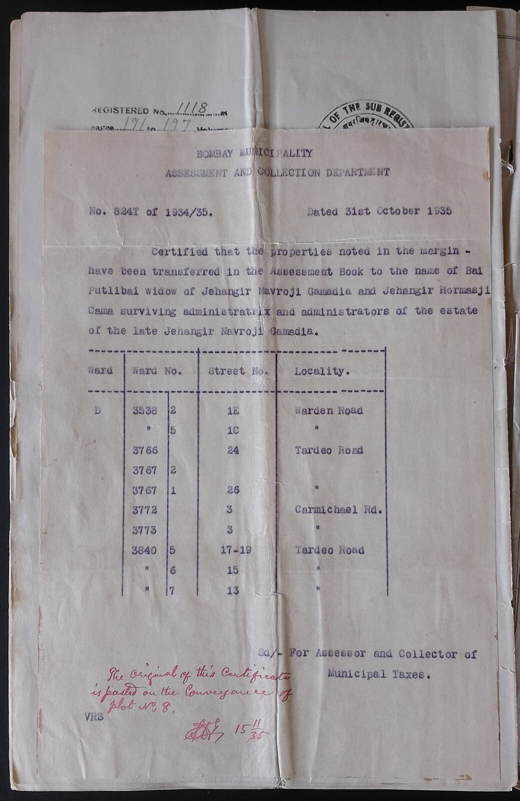 AOP India 1935 Indenture & MAP : Gamadia Estate 1932 signed F.E. Dinshaw, etc.