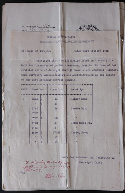 AOP India 1935 Indenture & MAP : Gamadia Estate 1932 signed F.E. Dinshaw, etc.