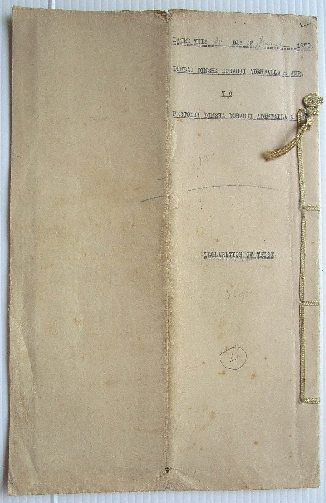India 1955 Declaration of Trust document with Special Adhesive KGVI 30R