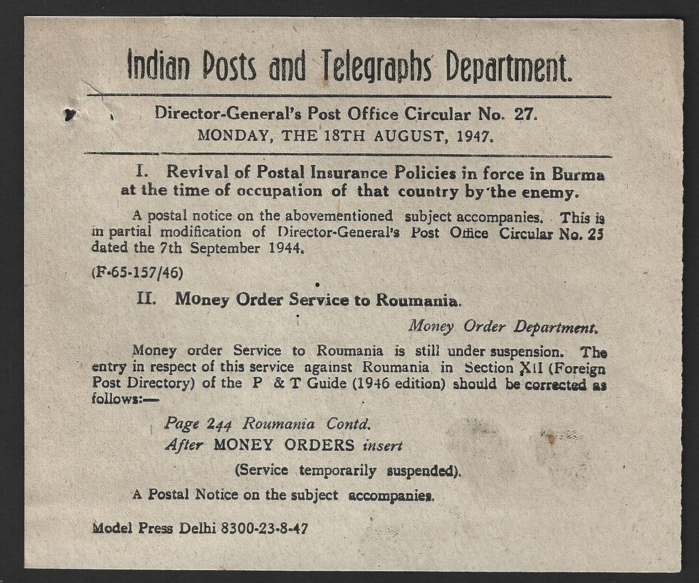 India POSTAL NOTICE #28 18th Aug 1947 Services to Romania & Burma + CIRCULAR #27