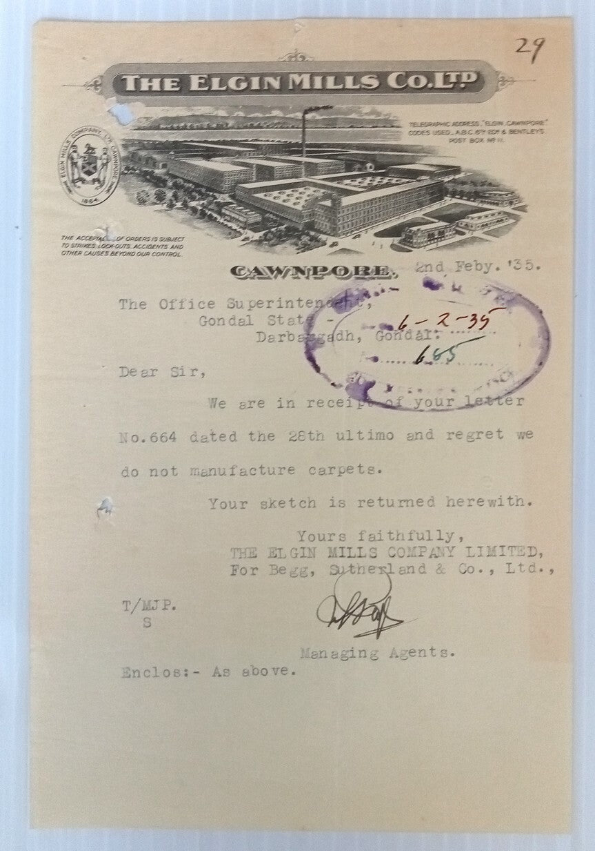 AOP The Elgin Mills Co. Ltd Cawnpore 1935 illustrated letterhead India	