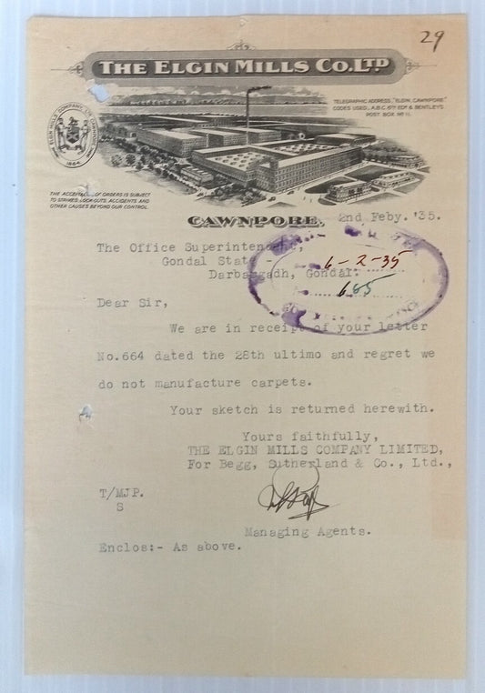 AOP The Elgin Mills Co. Ltd Cawnpore 1935 illustrated letterhead India	