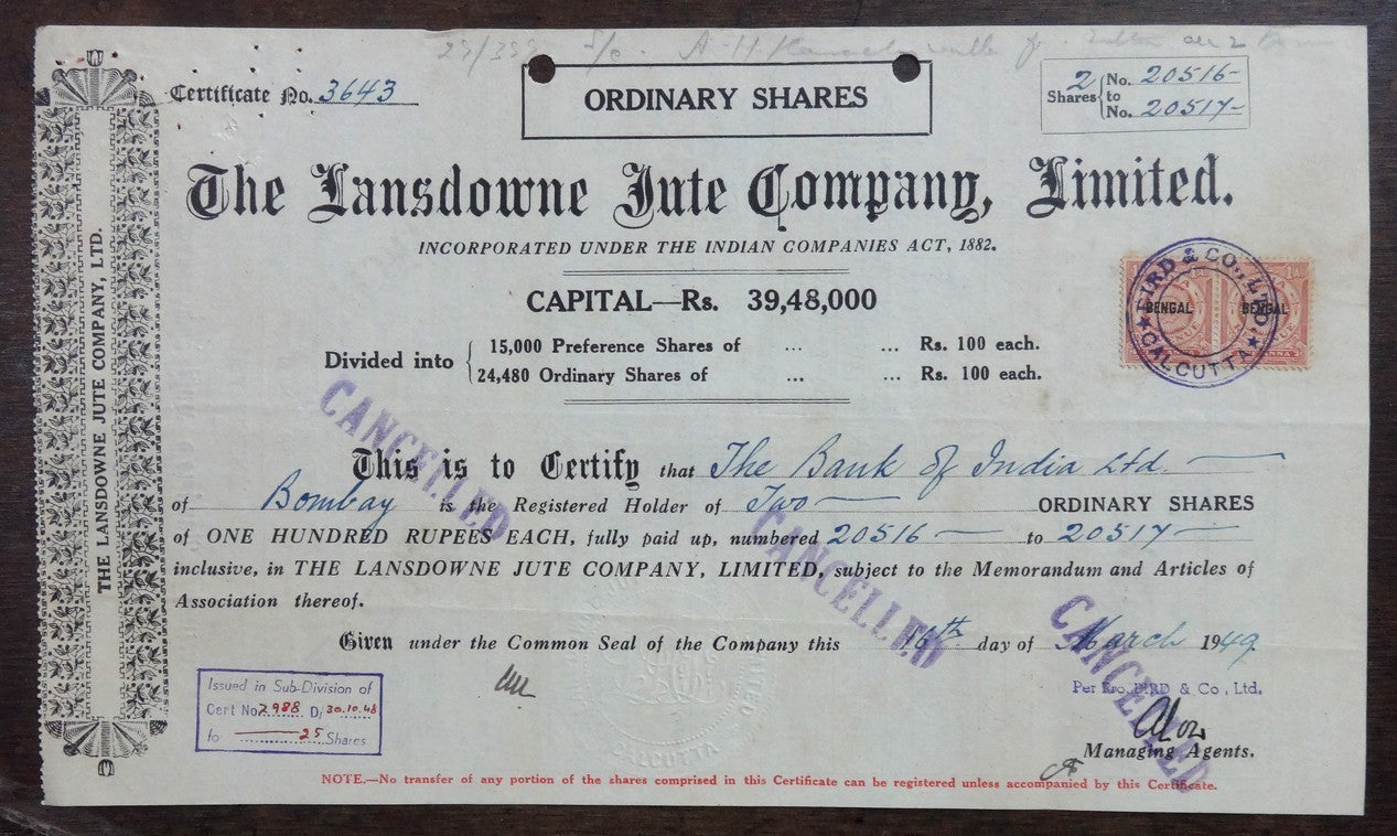 India 1949 Lansdowne Jute Company Ordinary share certificate