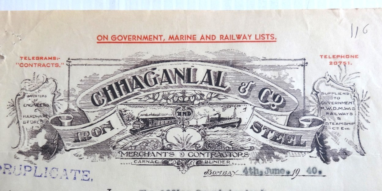 India 1940 illustrated billhead CHHAGANLAL & CO. STEEL Bombay