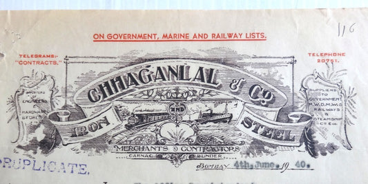 India 1940 illustrated billhead CHHAGANLAL & CO. STEEL Bombay