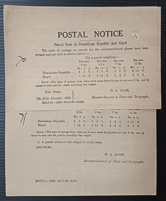 India POSTAL NOTICE 1930 Parcel Post to Dominican Republic & Hayti + CIRCULAR