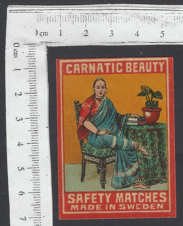 AOP India vintage matchbox label Carnatic Beauty Made in Sweden