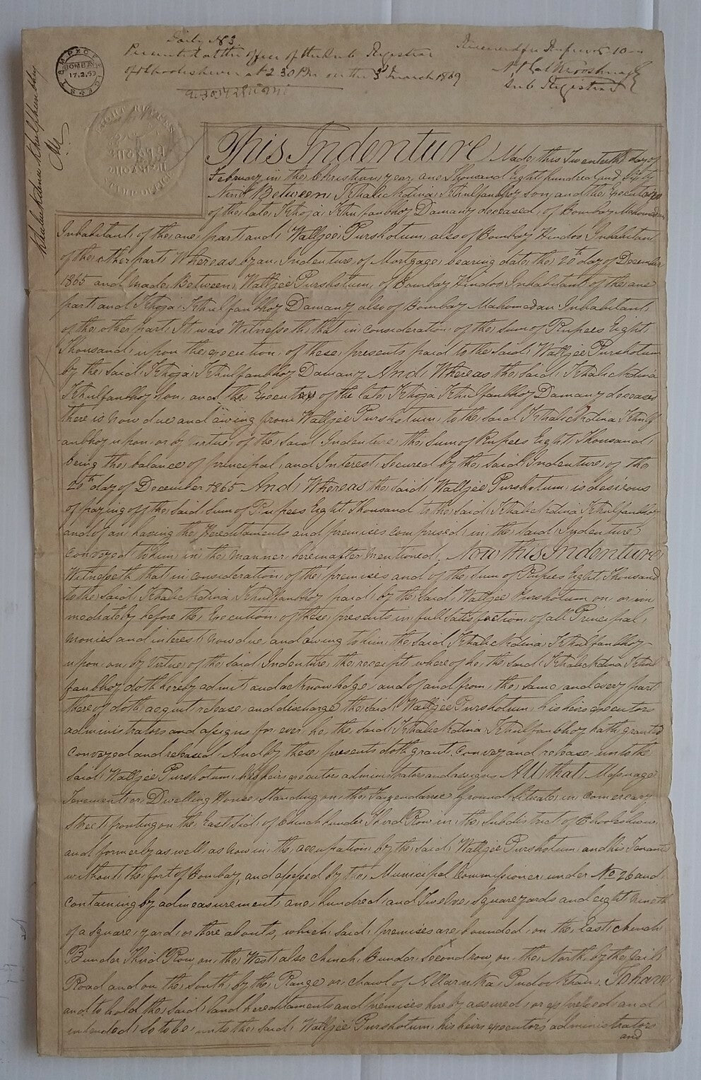 India 1869 document with 25R embossed revenue Mollah/Blatt #4-18 Rarity C