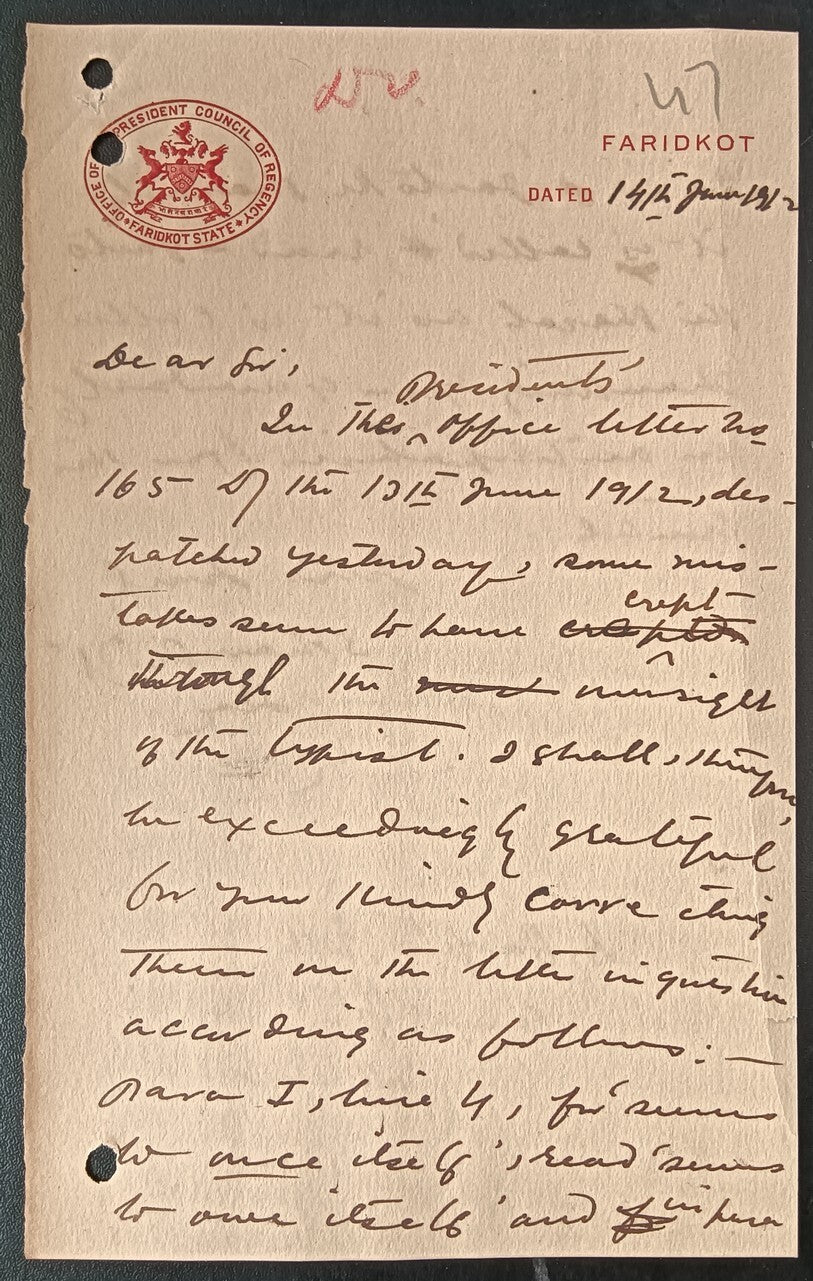 India 1912 crested letter OFFICE OF PRESIDENT COUNCIL OF REGENCY FARIDKOT STATE