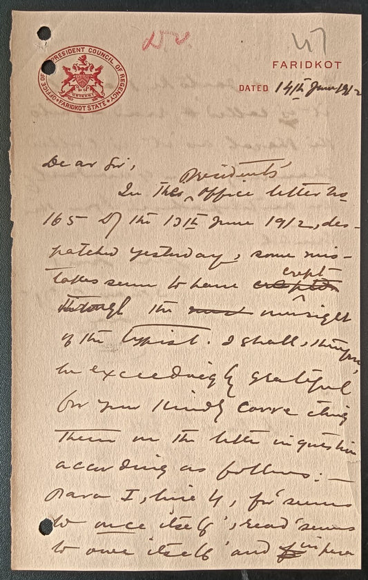 India 1912 crested letter OFFICE OF PRESIDENT COUNCIL OF REGENCY FARIDKOT STATE