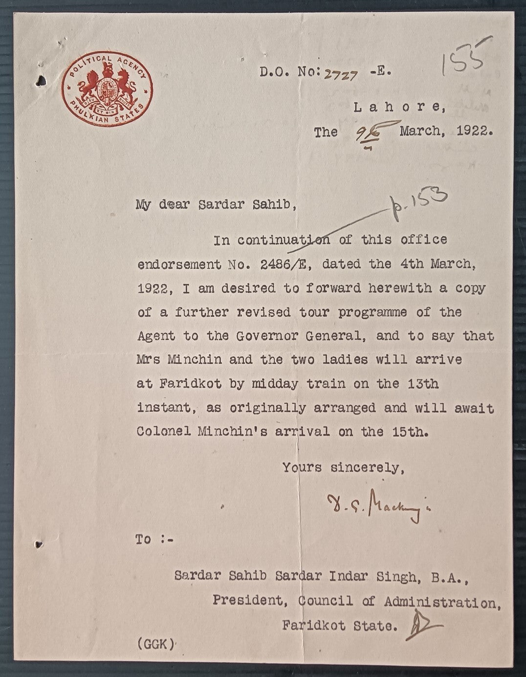 India 1922 POLITICAL AGENCY * PHULKIAN STATES Lahore crested letter used 1922