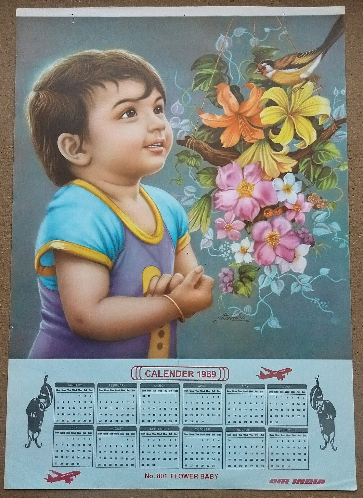 AIR INDIA 1969 poster calender 801 - FLOWER BABY - ARTIST : NIRMALA - R