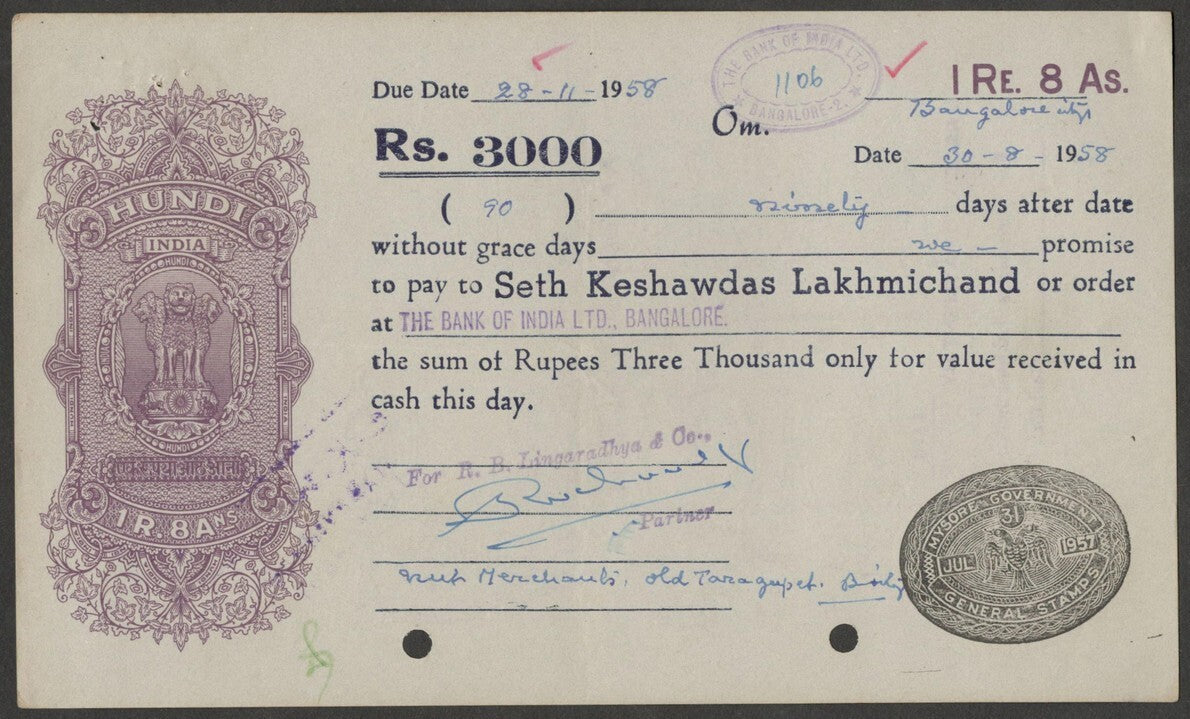 India 1958 1R 8a Hundi with Mysore Government general stamp control mark