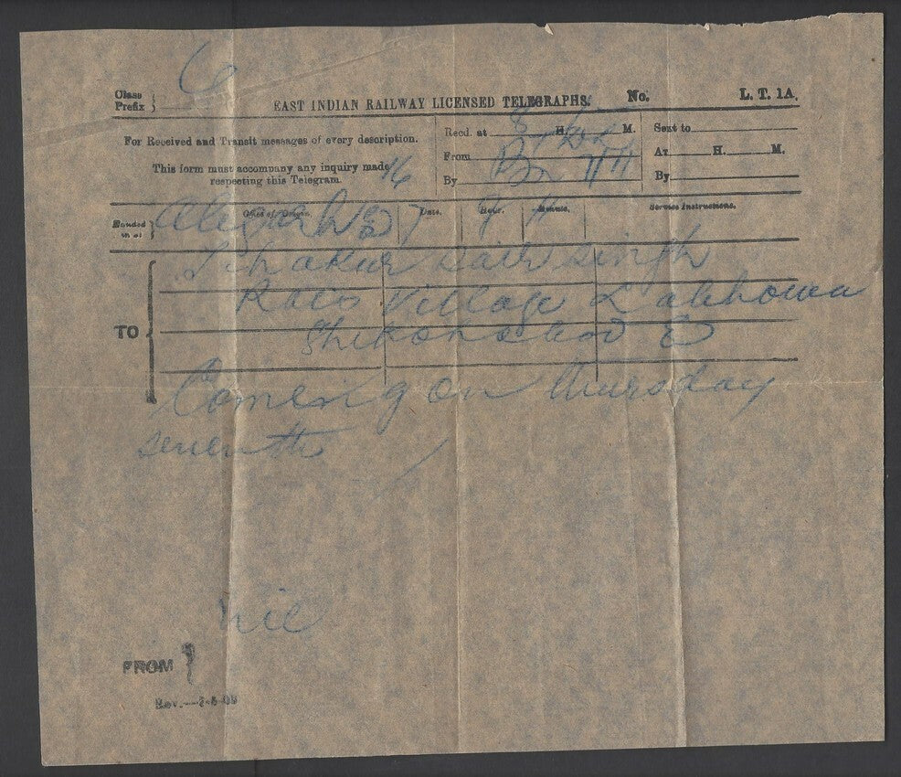 East Indian Railway 1909 telegram & envelope