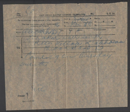East Indian Railway 1909 telegram & envelope