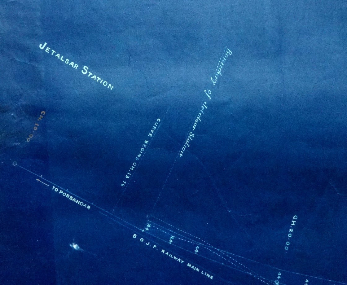 India 1899 Jetalsar Rajkot Railway signed LAND PLAN map blue print 20.5” x 36”
