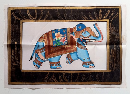 India vintage painting on cloth RAJAH ON ELEPHANT 9 x 13 inches