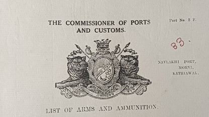 India 1936 Navlakhi Port Morvi SS NIRVANA Captan signed Arms List - 4 ROCKETS