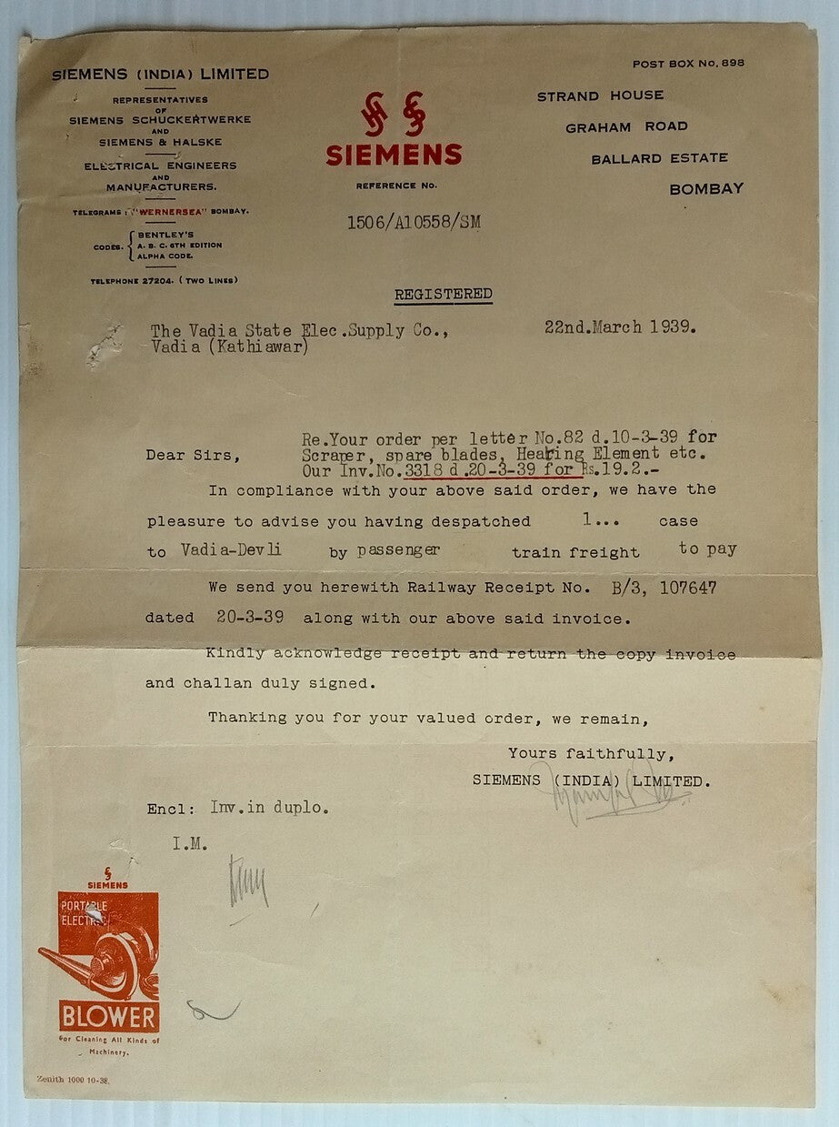 AOP India 1939 illustrated letterhead SIEMENS PORTABLE ELECTRIC BLOWER  Bombay