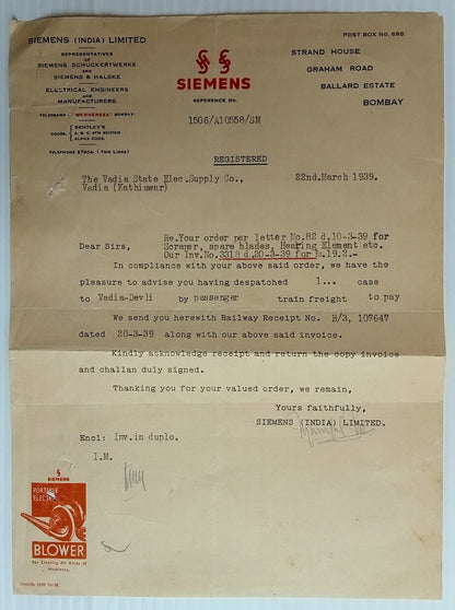 AOP India 1939 illustrated letterhead SIEMENS PORTABLE ELECTRIC BLOWER  Bombay