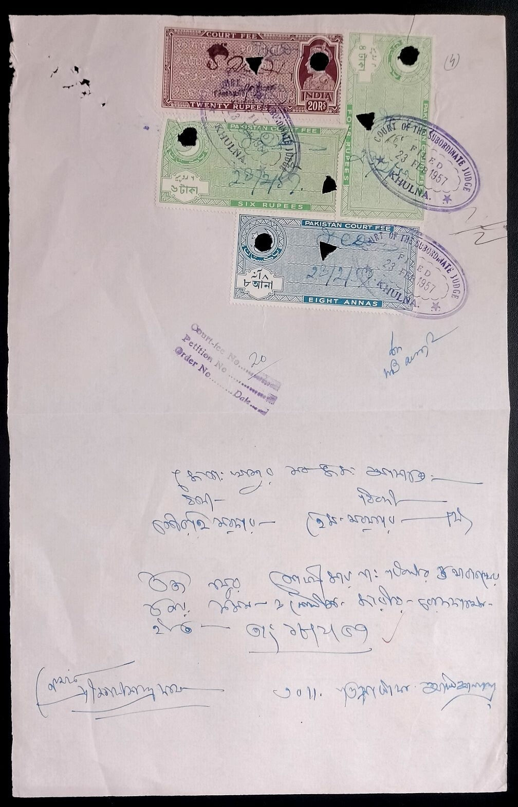 India KGVI Court Fee 20R on document along with Pakistan Court Fees 8a, 4R & 6R