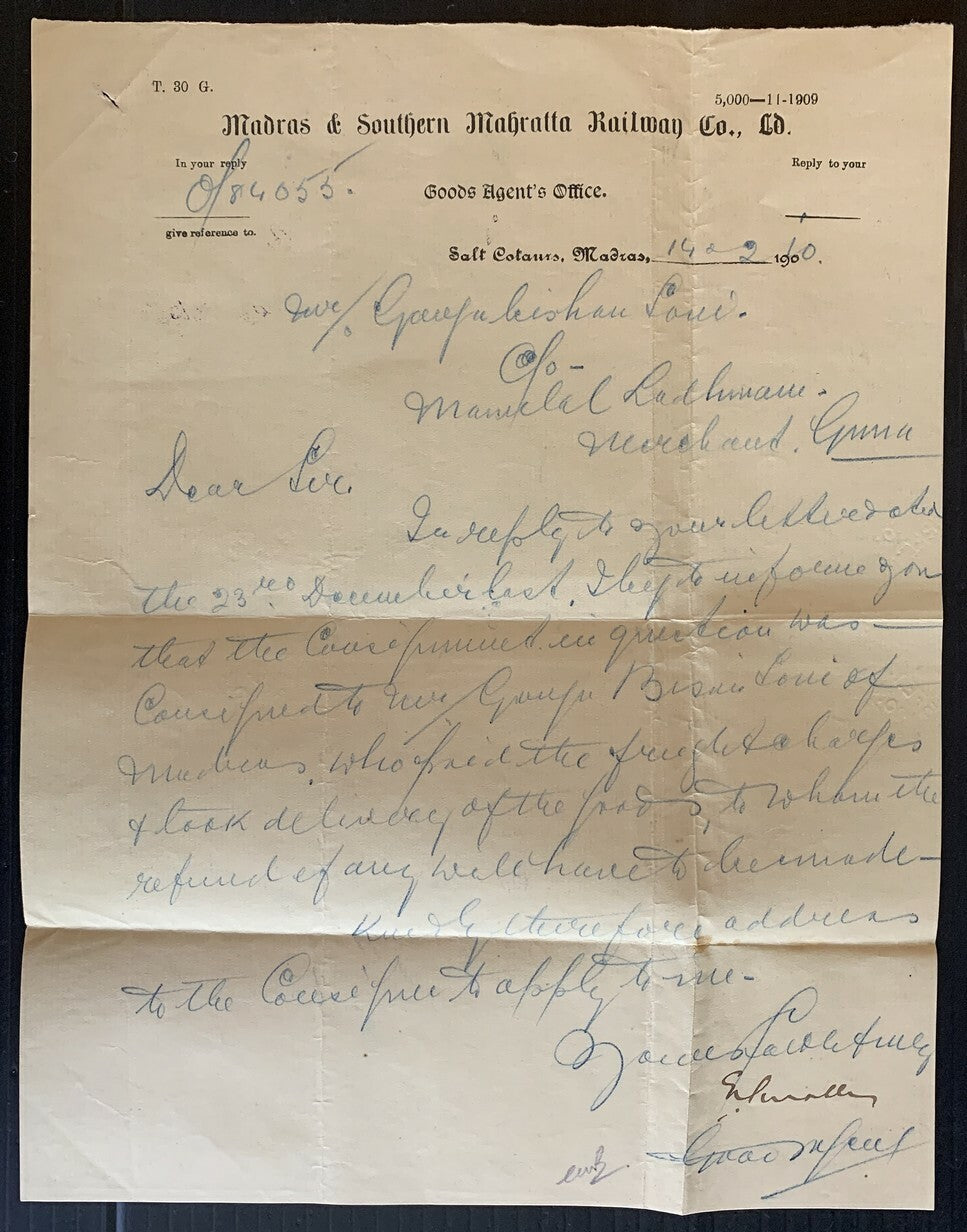 AOPIMT India Madras & Southern Mahratta Railway Goods receipt 1910