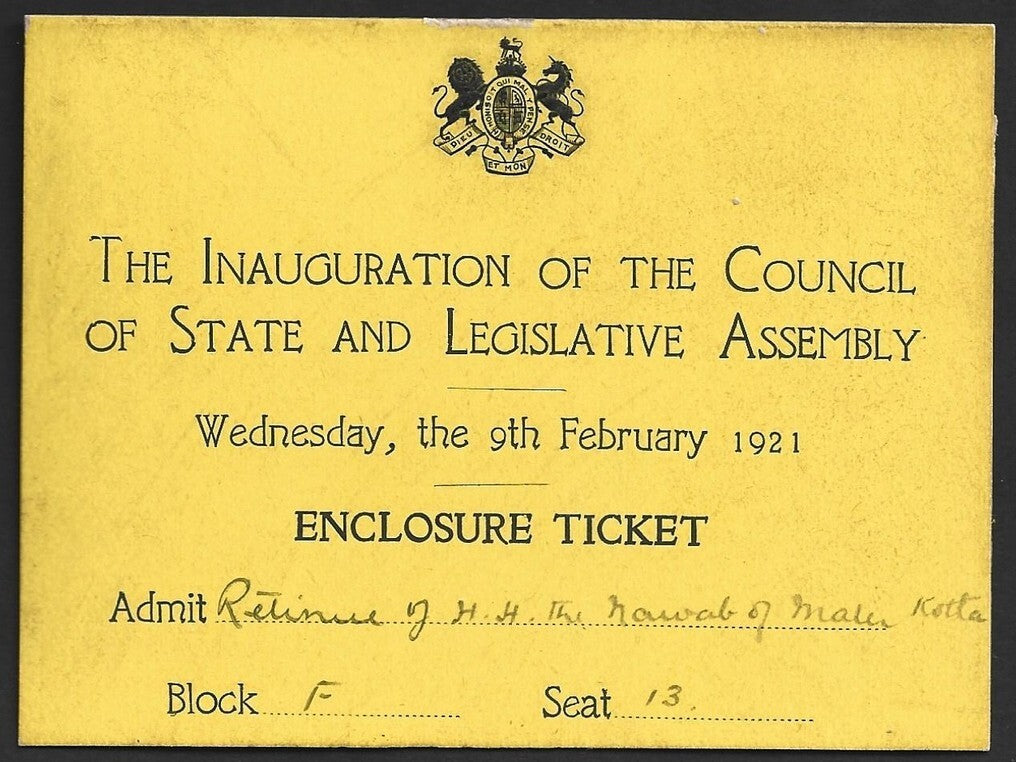 1921 Duke of Connaught INDIA VISIT Inaug of Legislative Assembly crested pass