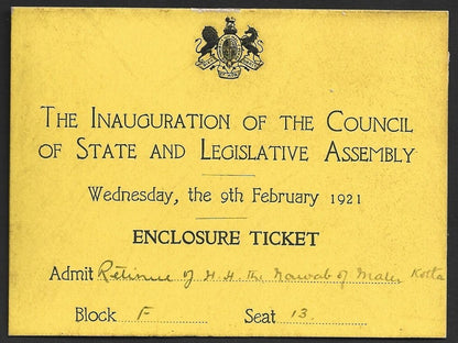 1921 Duke of Connaught INDIA VISIT Inaug of Legislative Assembly crested pass